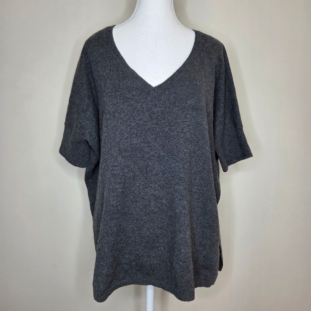 Minnie‎ Rose 100% Cashmere V-Neck Short Sleeve Sweater Charcoal Grey XS/S